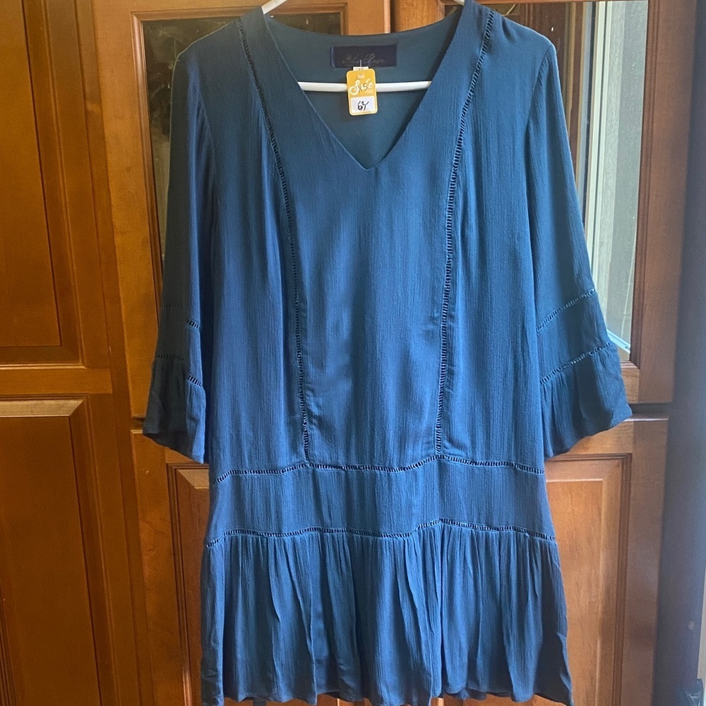 Blue Rain Deep Blue V-Neck XS Long-Sleeved Oversized Mini Dress Fall Collegiate